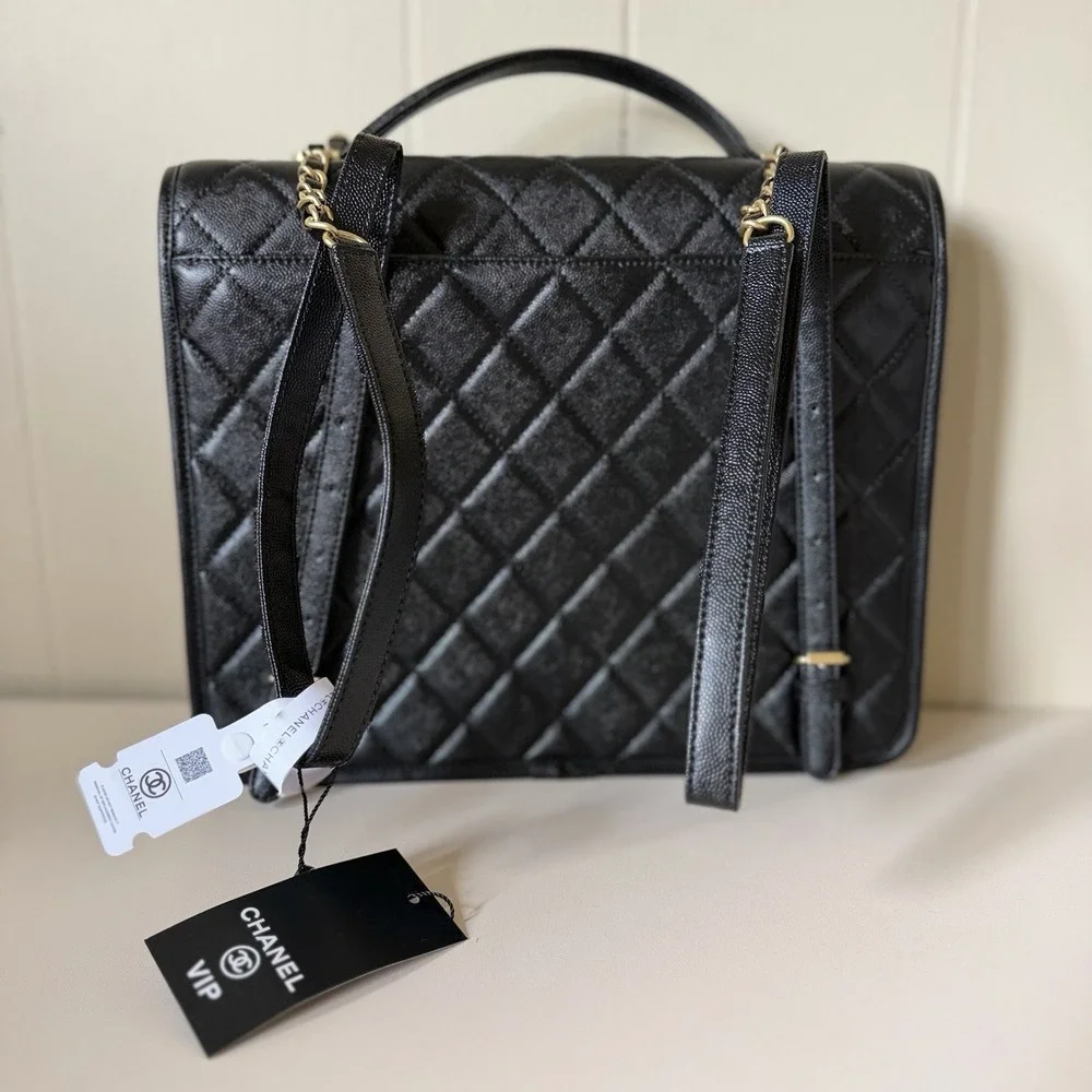 Chanel School Memory Large Flap Bag 22K Caviar Quilted Antique Gold Hardware NWT